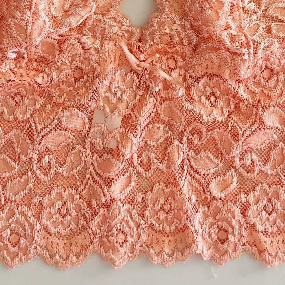 Cabernet Coral Pink Lace Bralette Top, Ribbon Bow & Adjustable Straps sz. S